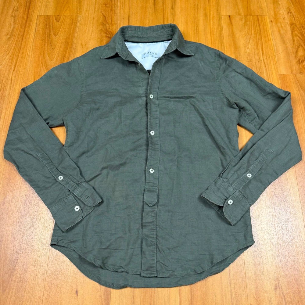 Stiebeuel CPT.14 Mens Olive Green 100% Linen Long Sleeve Button Down Shirt SZ S